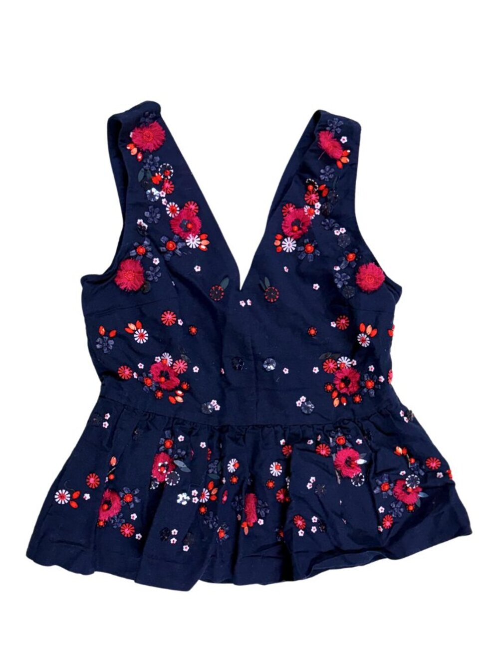 J. Crew Embellished Peplum Blouse Navy  in Cotton Linen Size 0